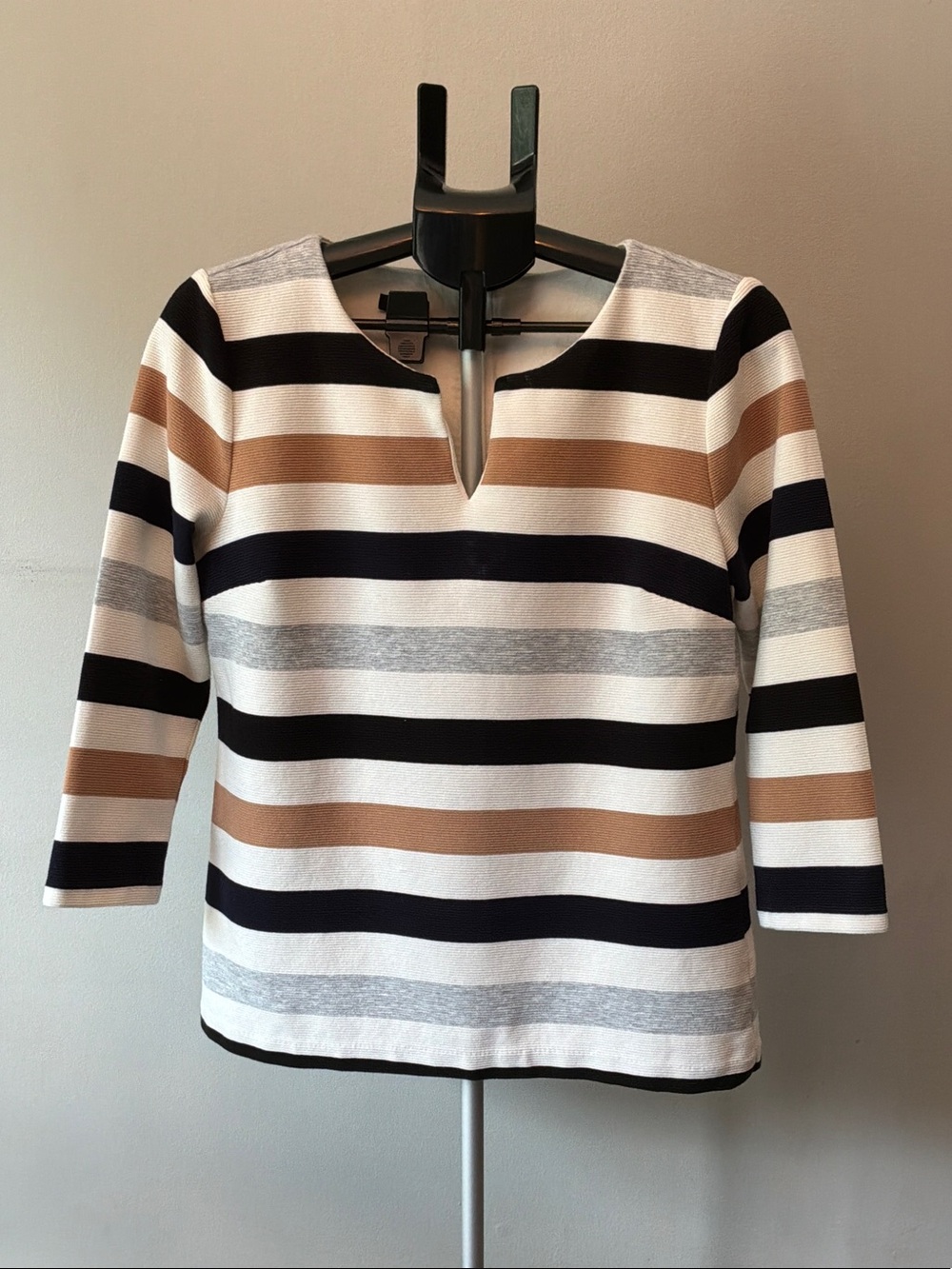 Talbots Textured Zip-Back Striped Top Black Tan Gray Size M